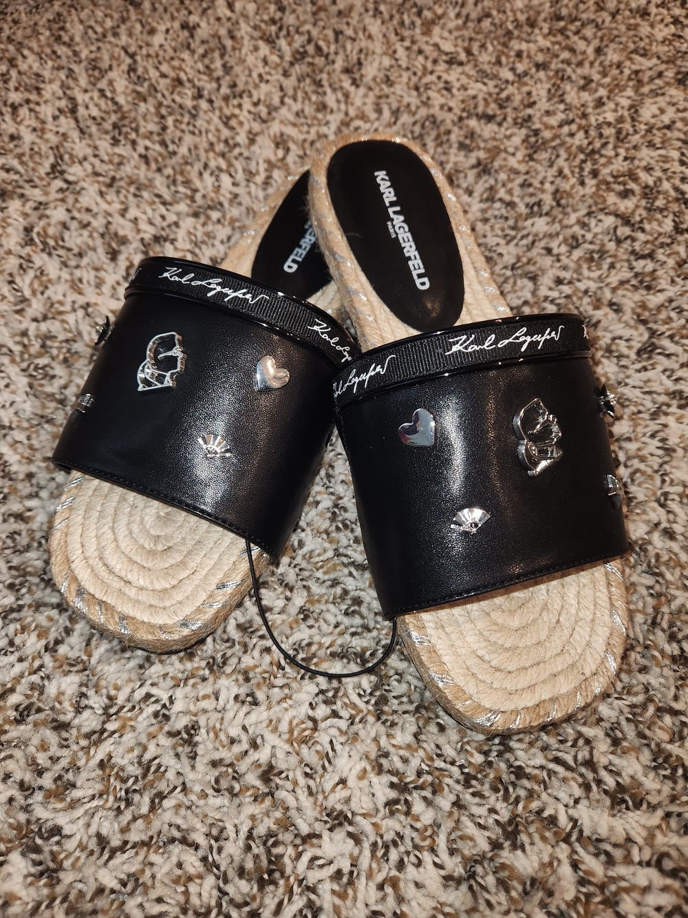 Karl Lagerfeld Black Slide Mules with Silver Charms NWOT 6.5 Womens